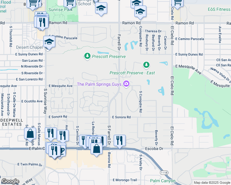 map of restaurants, bars, coffee shops, grocery stores, and more near 2560 San Mateo Circle in Palm Springs