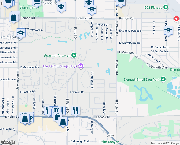 map of restaurants, bars, coffee shops, grocery stores, and more near 2701 East Mesquite Avenue in Palm Springs