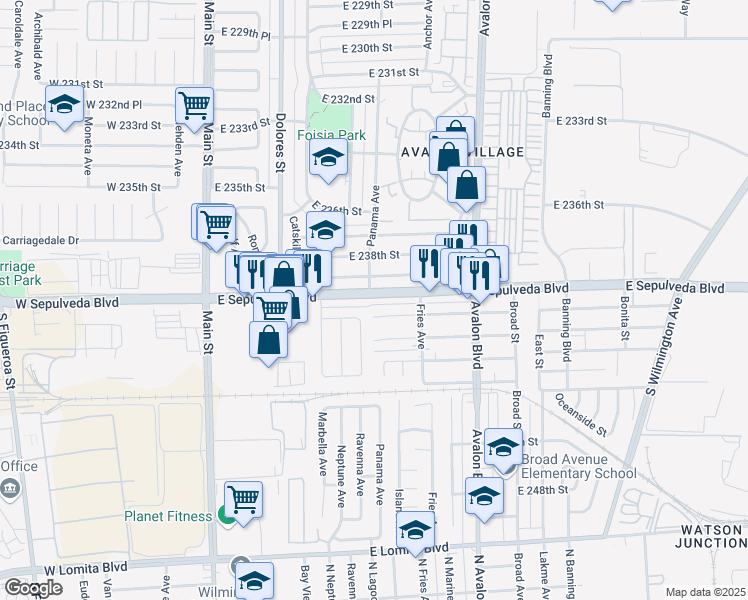 map of restaurants, bars, coffee shops, grocery stores, and more near 382 East 238th Place in Carson