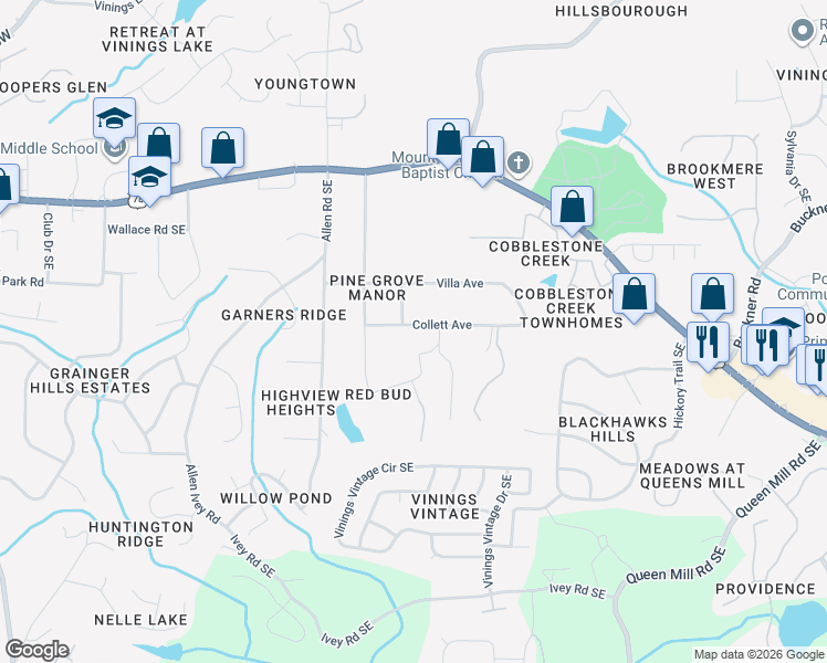 map of restaurants, bars, coffee shops, grocery stores, and more near 420 Collett Avenue in Mableton