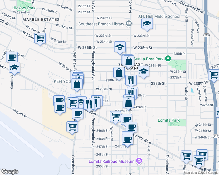 map of restaurants, bars, coffee shops, grocery stores, and more near 2309 West 239th Street in Torrance