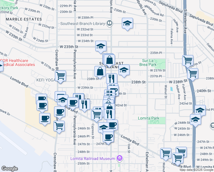 map of restaurants, bars, coffee shops, grocery stores, and more near 23751 Narbonne Avenue in Torrance