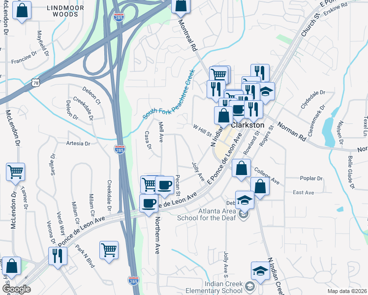 map of restaurants, bars, coffee shops, grocery stores, and more near 1108 Jolly Avenue in Clarkston