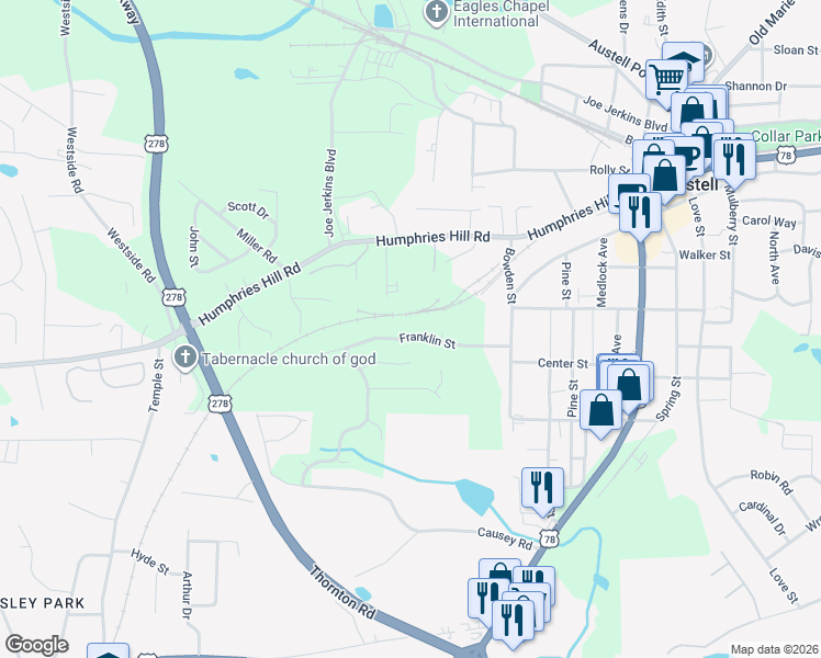 map of restaurants, bars, coffee shops, grocery stores, and more near 3140 Franklin Street in Austell