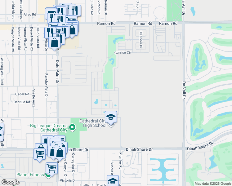 map of restaurants, bars, coffee shops, grocery stores, and more near Golf Course Circle in Cathedral City