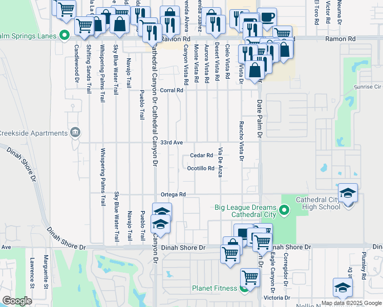 map of restaurants, bars, coffee shops, grocery stores, and more near 68629 33rd Avenue in Cathedral City