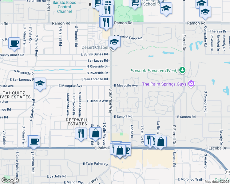 map of restaurants, bars, coffee shops, grocery stores, and more near 1001 Saint Thomas Circle in Palm Springs