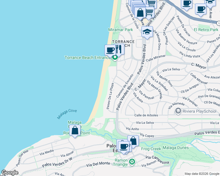 map of restaurants, bars, coffee shops, grocery stores, and more near 507 Paseo De La Playa in Redondo Beach