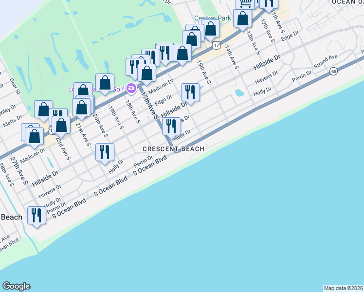 map of restaurants, bars, coffee shops, grocery stores, and more near 1616 Holly Drive in North Myrtle Beach