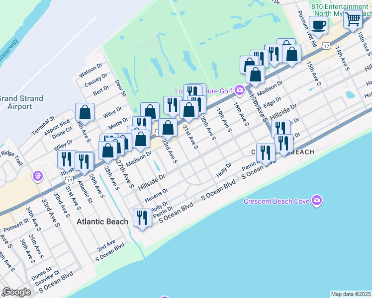 map of restaurants, bars, coffee shops, grocery stores, and more near 706 22nd Avenue South in North Myrtle Beach
