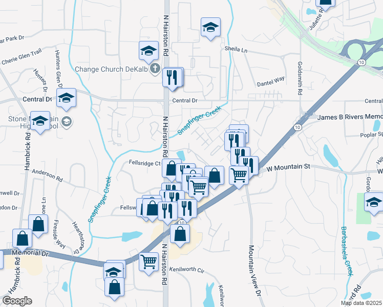 map of restaurants, bars, coffee shops, grocery stores, and more near 1062 Thorn Woode Lane in Stone Mountain