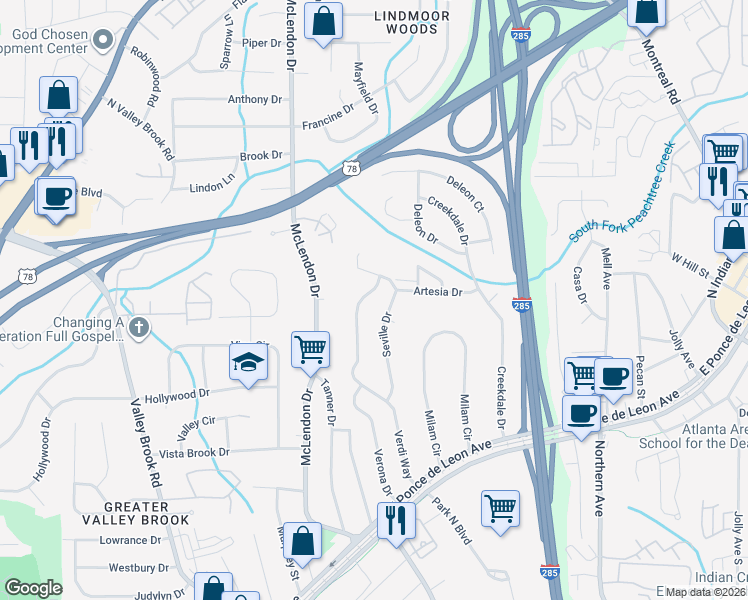 map of restaurants, bars, coffee shops, grocery stores, and more near 1036 Seville Drive in Clarkston