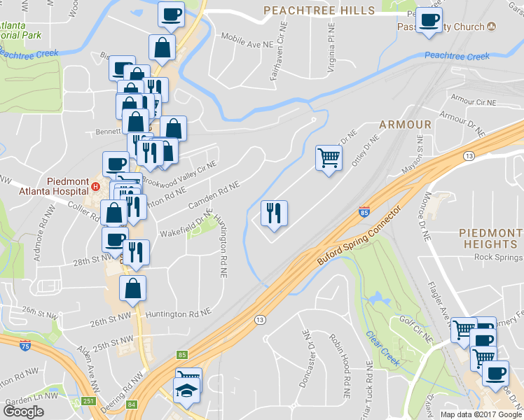 map of restaurants, bars, coffee shops, grocery stores, and more near 0 Armour Drive Northeast in Atlanta