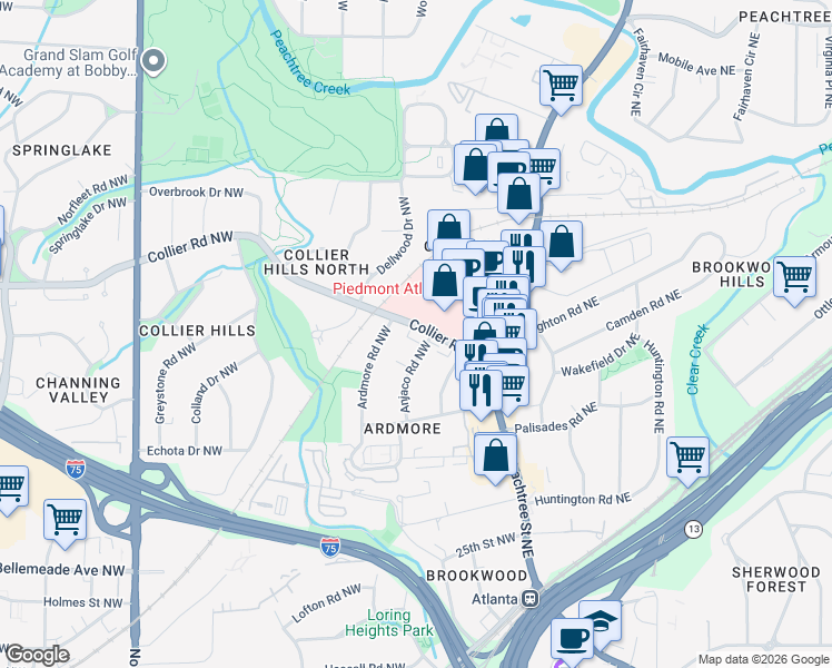 map of restaurants, bars, coffee shops, grocery stores, and more near 275 Collier Road Northwest in Atlanta