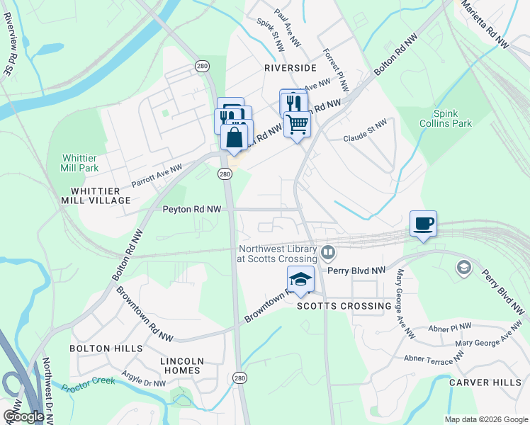 map of restaurants, bars, coffee shops, grocery stores, and more near 2632 Oakdale Street Northwest in Atlanta