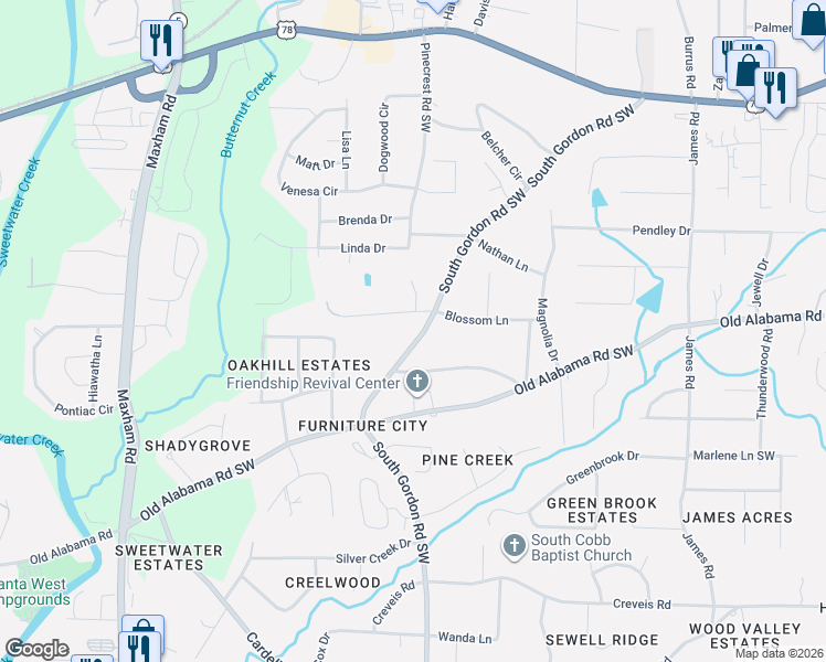 map of restaurants, bars, coffee shops, grocery stores, and more near 1803 Witt Drive in Austell