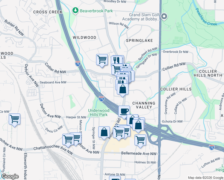 map of restaurants, bars, coffee shops, grocery stores, and more near 1888 Emery Street Northwest in Atlanta