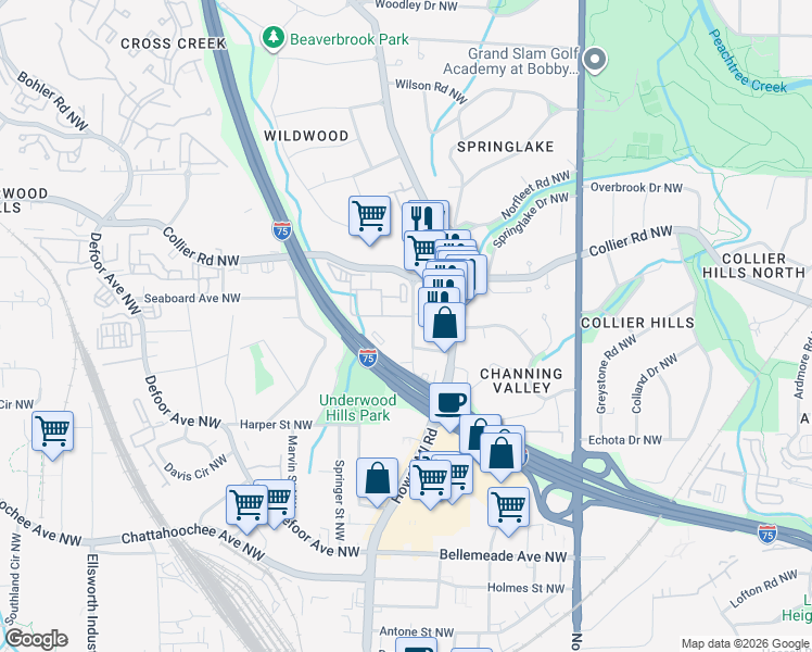 map of restaurants, bars, coffee shops, grocery stores, and more near 1888 Emery Street Northwest in Atlanta