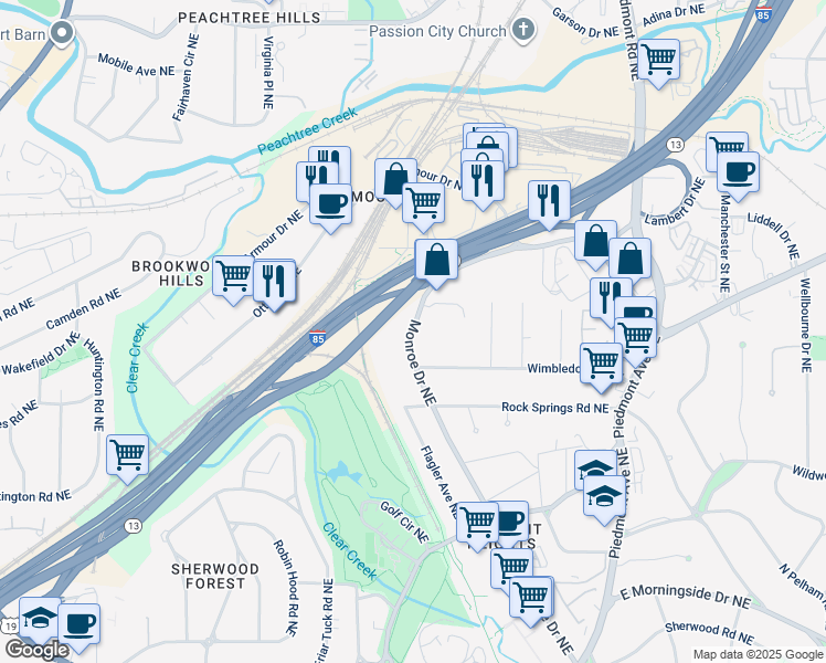 map of restaurants, bars, coffee shops, grocery stores, and more near 1925 Monroe Drive Northeast in Atlanta