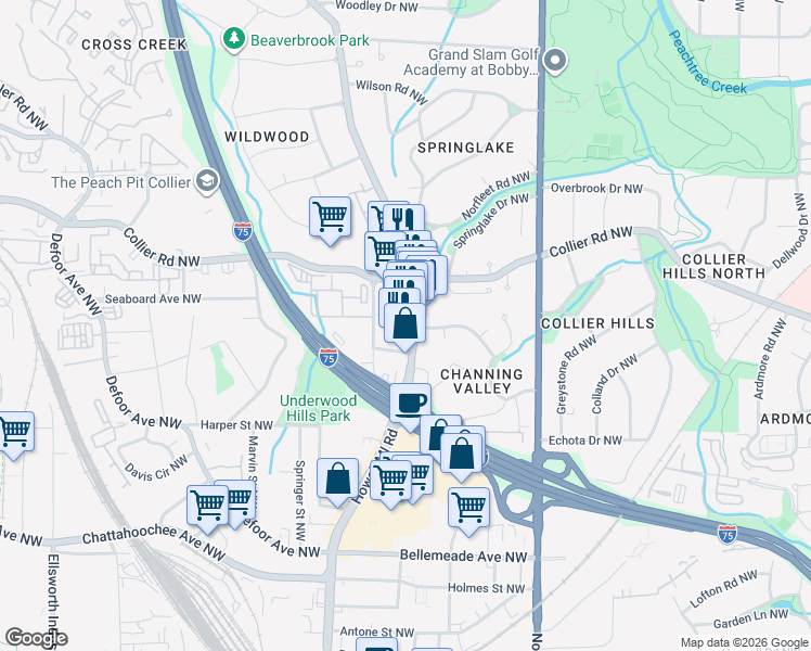 map of restaurants, bars, coffee shops, grocery stores, and more near 1971 Howell Mill Road Northwest in Atlanta