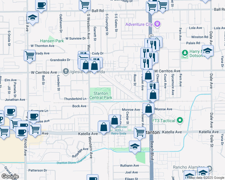 map of restaurants, bars, coffee shops, grocery stores, and more near 10550 Western Avenue in Stanton