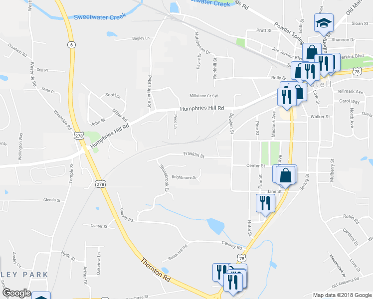 map of restaurants, bars, coffee shops, grocery stores, and more near 3140 Franklin Street in Austell