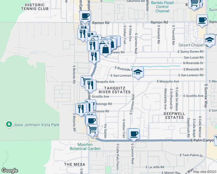 map of restaurants, bars, coffee shops, grocery stores, and more near 248 East Palo Verde Avenue in Palm Springs