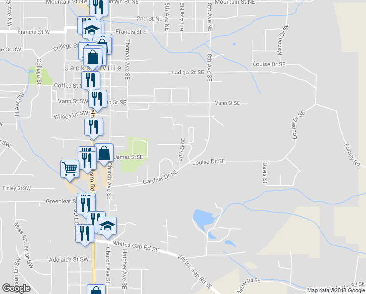 map of restaurants, bars, coffee shops, grocery stores, and more near 714 Lynn Drive Southeast in Jacksonville