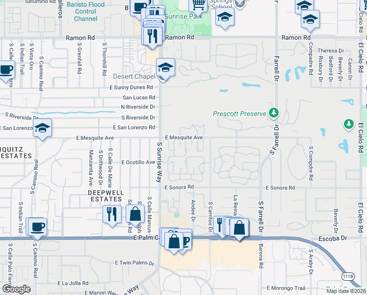 map of restaurants, bars, coffee shops, grocery stores, and more near 1010 Saint George Circle in Palm Springs