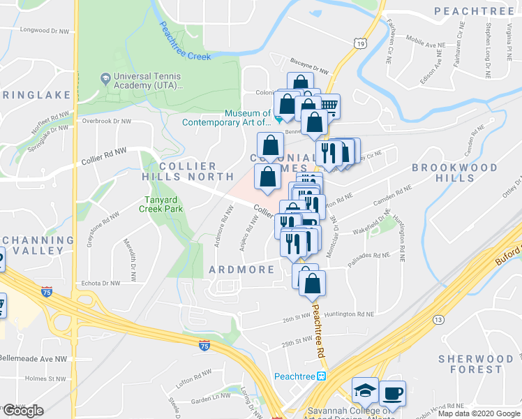 map of restaurants, bars, coffee shops, grocery stores, and more near Collier Rd NW & Anjaco Rd NW in Atlanta