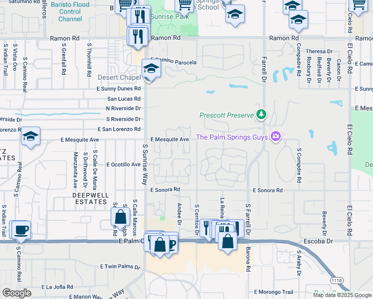 map of restaurants, bars, coffee shops, grocery stores, and more near 1011 Saint Bimini Circle in Palm Springs