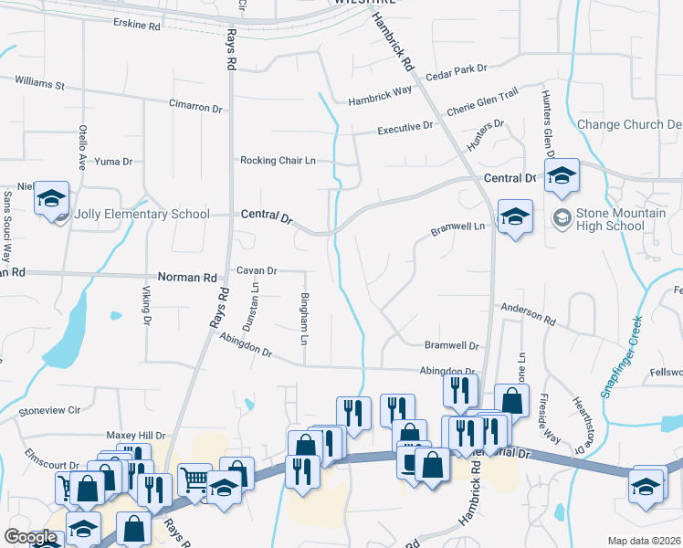 map of restaurants, bars, coffee shops, grocery stores, and more near 1170 Parkwood Trace in Stone Mountain