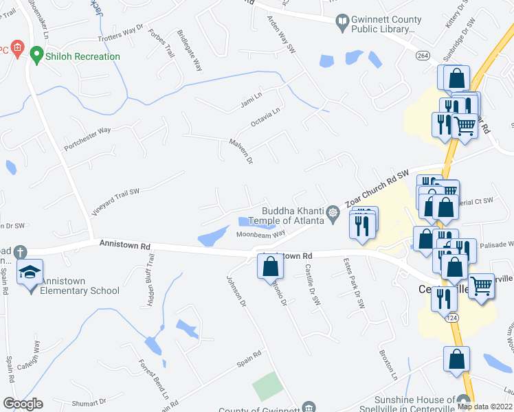 map of restaurants, bars, coffee shops, grocery stores, and more near 4165 Meadow Wind Drive in Snellville