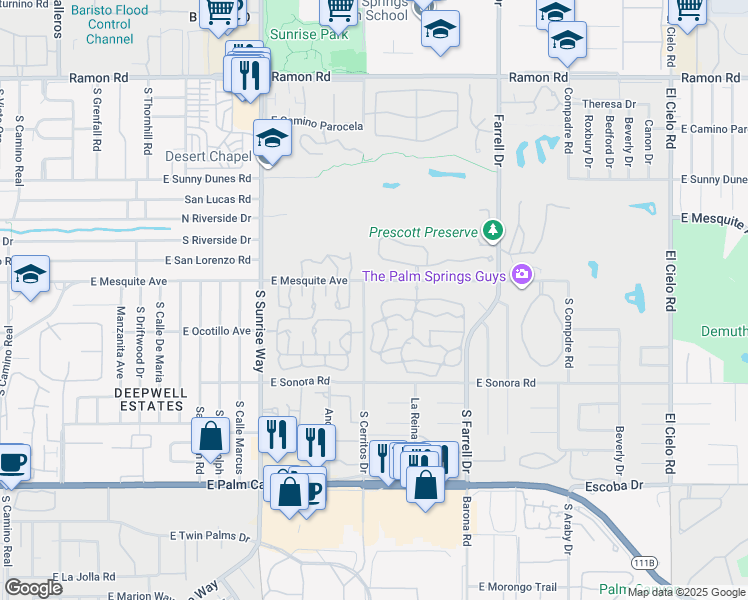 map of restaurants, bars, coffee shops, grocery stores, and more near 1029 West Oakcrest Drive in Palm Springs