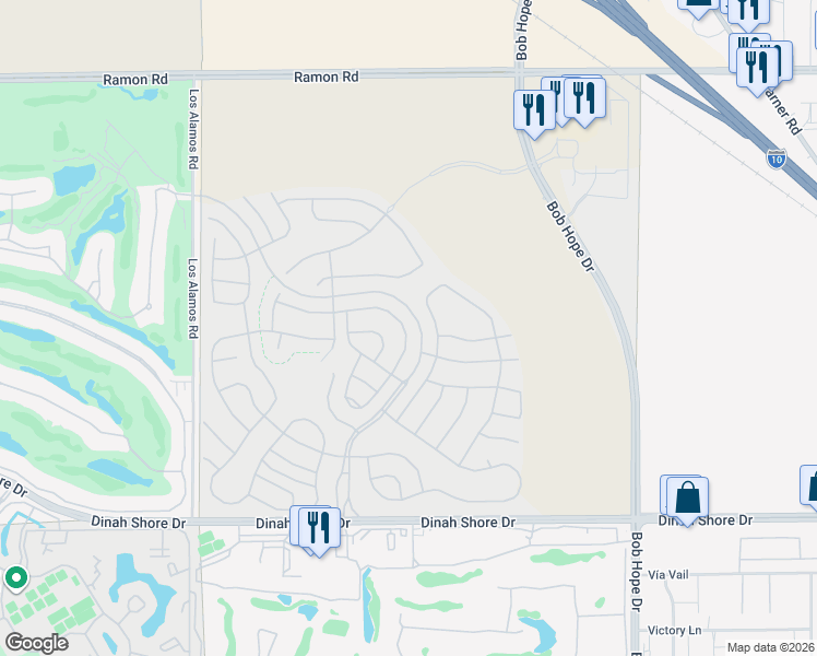 map of restaurants, bars, coffee shops, grocery stores, and more near Del Webb Way in Rancho Mirage