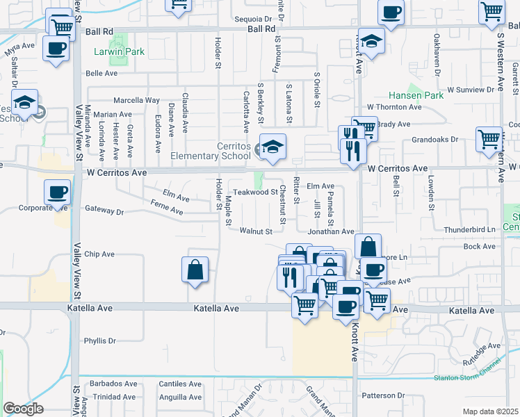 map of restaurants, bars, coffee shops, grocery stores, and more near 10668 Thomas Circle in Cypress
