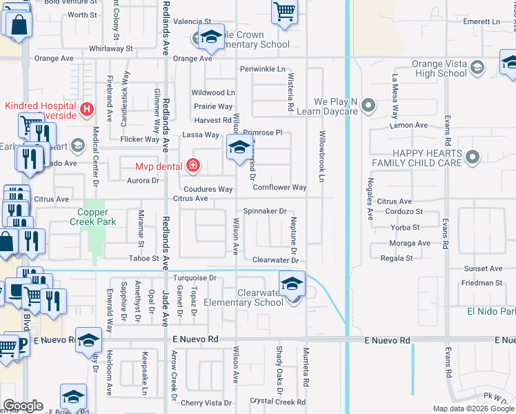 map of restaurants, bars, coffee shops, grocery stores, and more near 662 Spinnaker Drive in Perris