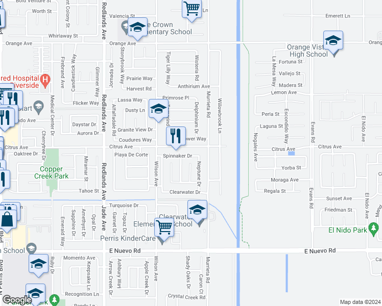 map of restaurants, bars, coffee shops, grocery stores, and more near 736 Spinnaker Drive in Perris