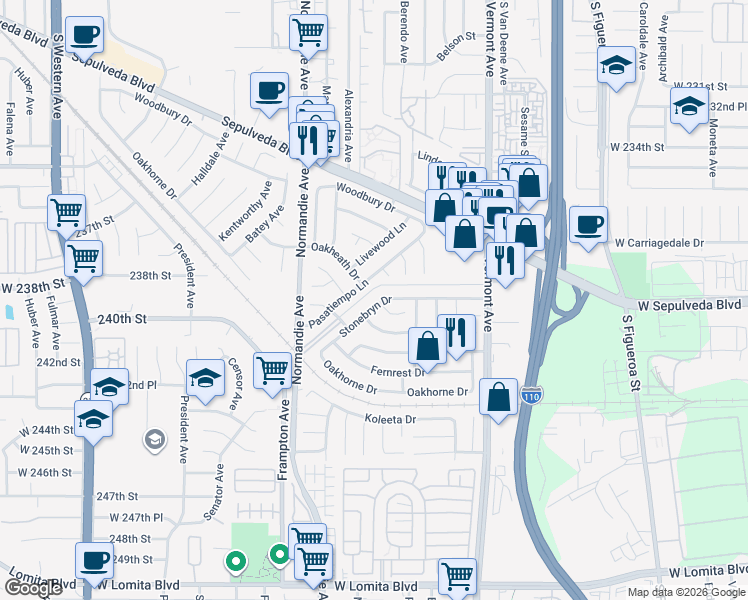 map of restaurants, bars, coffee shops, grocery stores, and more near 1053 Stonebryn Drive in West Carson