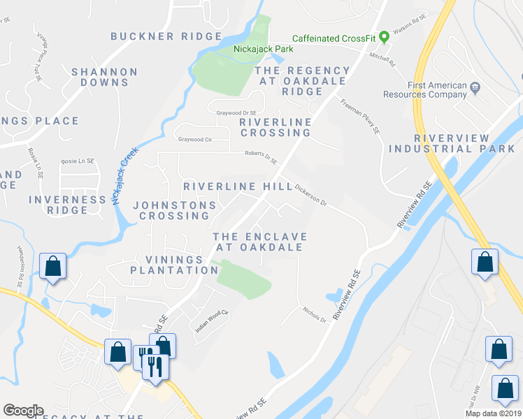 map of restaurants, bars, coffee shops, grocery stores, and more near 1535 Justine Way Southeast in Mableton