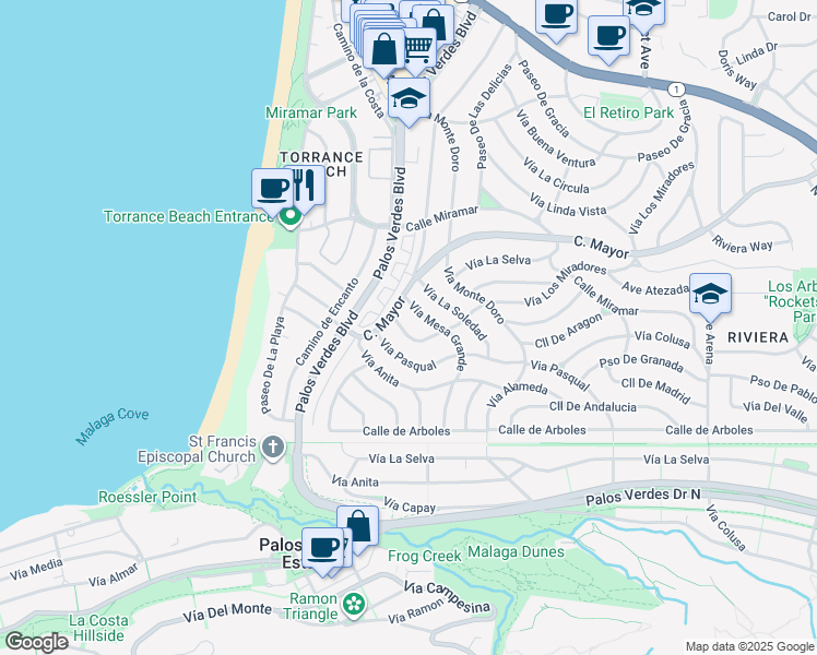 map of restaurants, bars, coffee shops, grocery stores, and more near 637 Vía Los Miradores in Redondo Beach