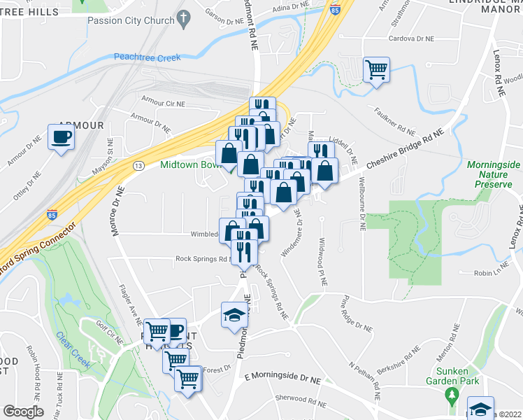 map of restaurants, bars, coffee shops, grocery stores, and more near 1878 Piedmont Avenue Northeast in Atlanta