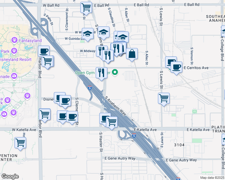 map of restaurants, bars, coffee shops, grocery stores, and more near 1550 S Anaheim Blvd in Anaheim
