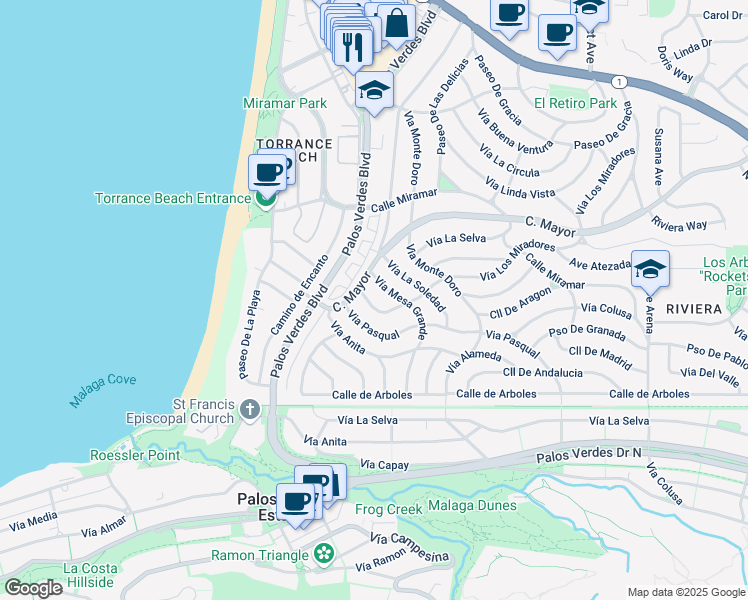 map of restaurants, bars, coffee shops, grocery stores, and more near 637 Vía Los Miradores in Redondo Beach