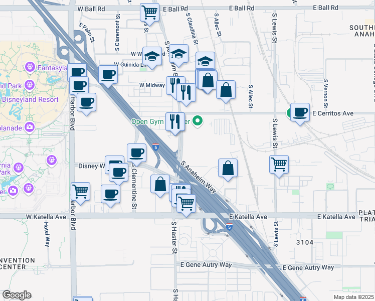 map of restaurants, bars, coffee shops, grocery stores, and more near 1552 Anaheim Boulevard in Anaheim