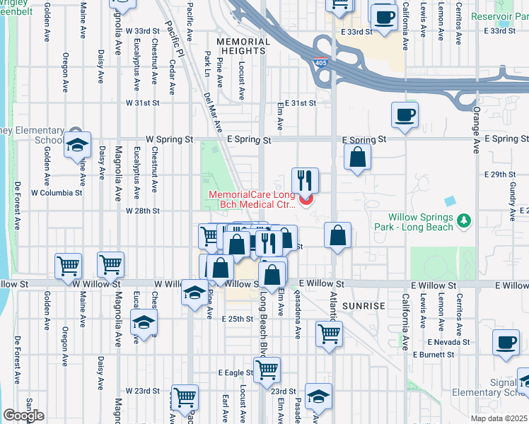 map of restaurants, bars, coffee shops, grocery stores, and more near 2812 Long Beach Boulevard in Long Beach