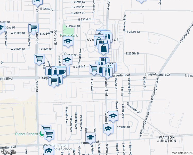 map of restaurants, bars, coffee shops, grocery stores, and more near 514 East 238th Place in Carson