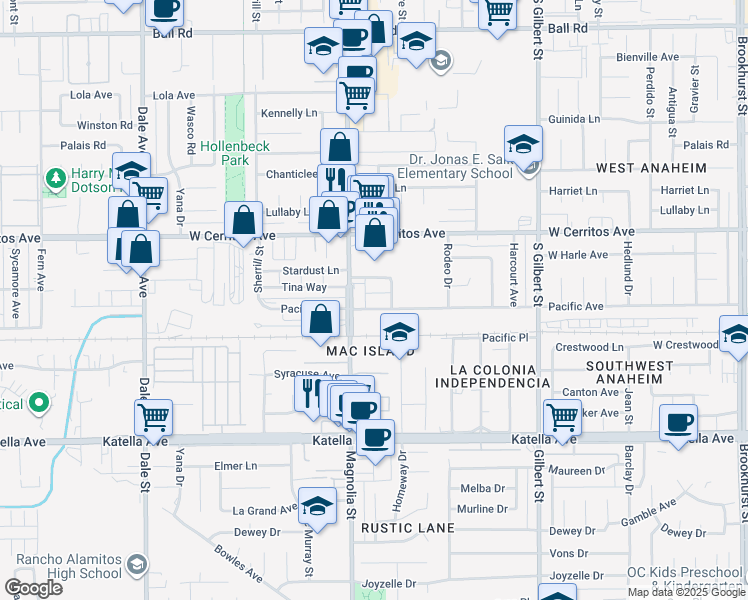 map of restaurants, bars, coffee shops, grocery stores, and more near 9051 Pacific Avenue in Anaheim