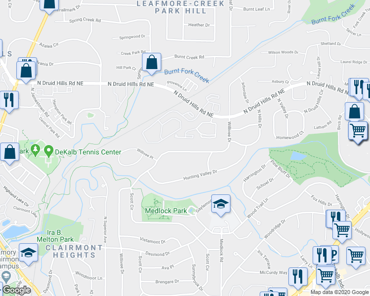 map of restaurants, bars, coffee shops, grocery stores, and more near 1100 Willivee Drive in Decatur