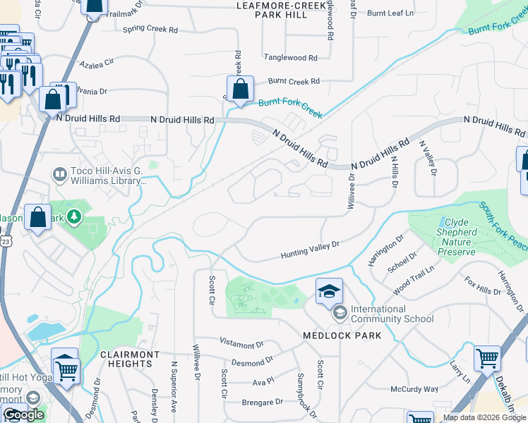 map of restaurants, bars, coffee shops, grocery stores, and more near 3457 North Druid Hills Road Northeast in Decatur